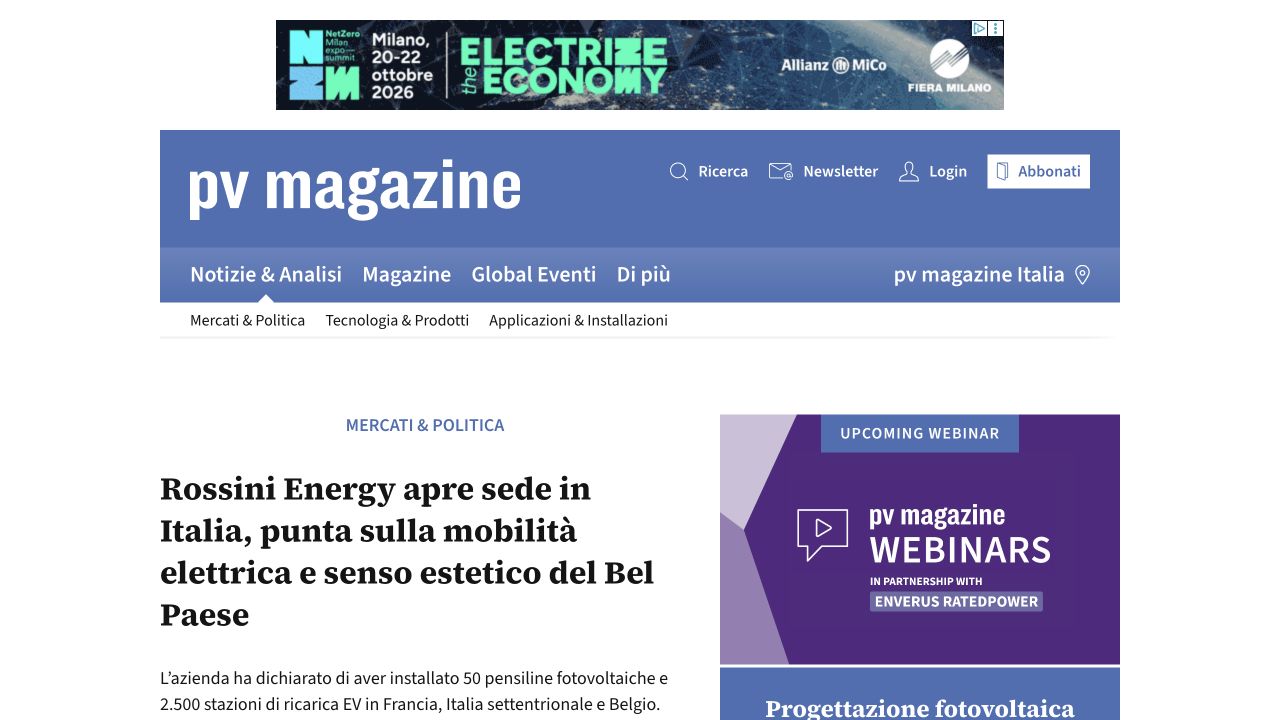 Screenshot dell’articolo di PV Magazine