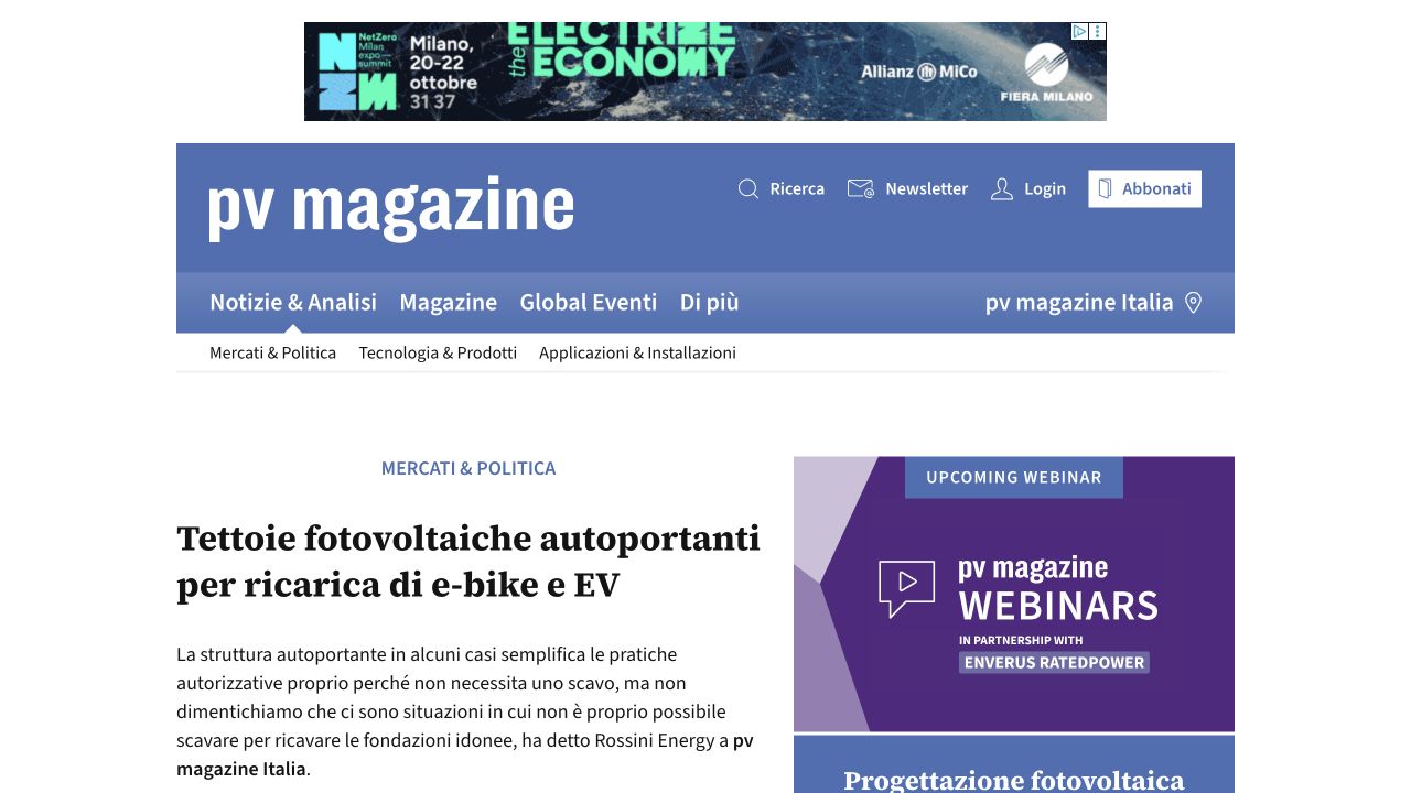 Screenshot dell’articolo di PV Magazine
